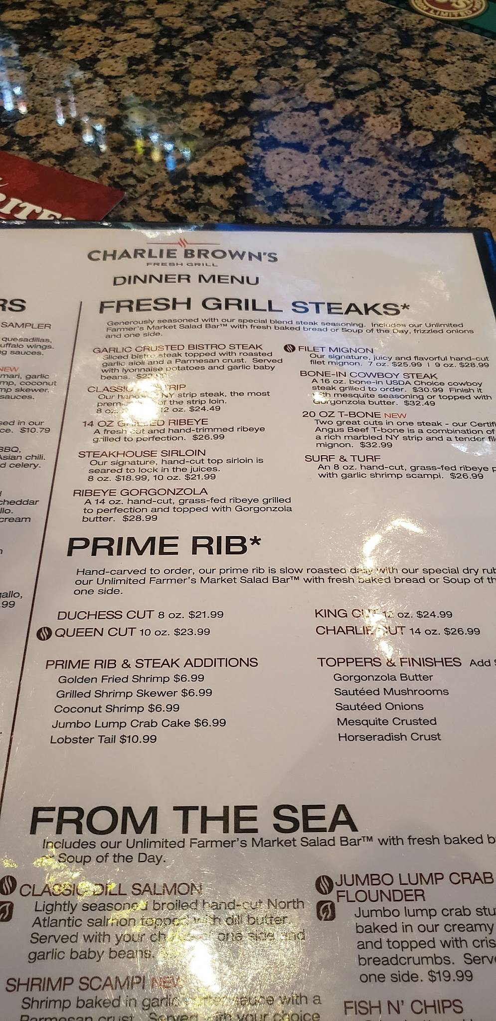 Menu at Charlie Brown's Fresh Grill steakhouse, Scotch Plains