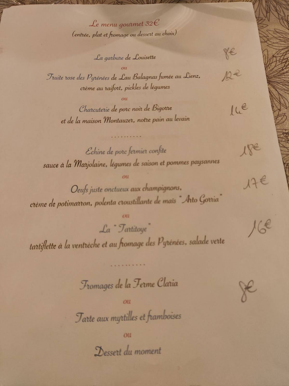 Menu au Chez Louisette - Auberge du Lienz restaurant, Barèges