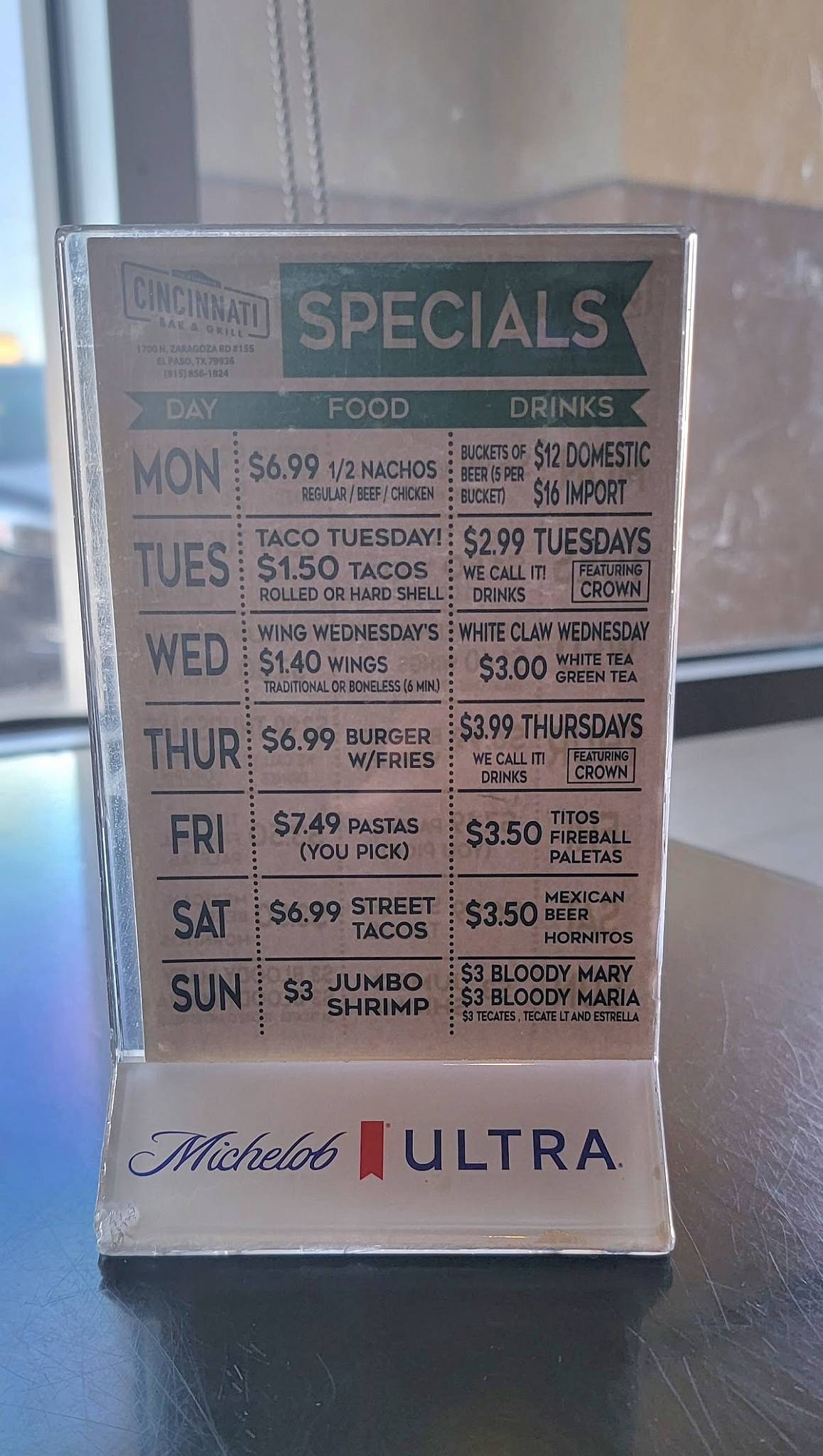 Menu at Cincinnati Bar & Grill, El Paso, N Zaragoza Rd 155