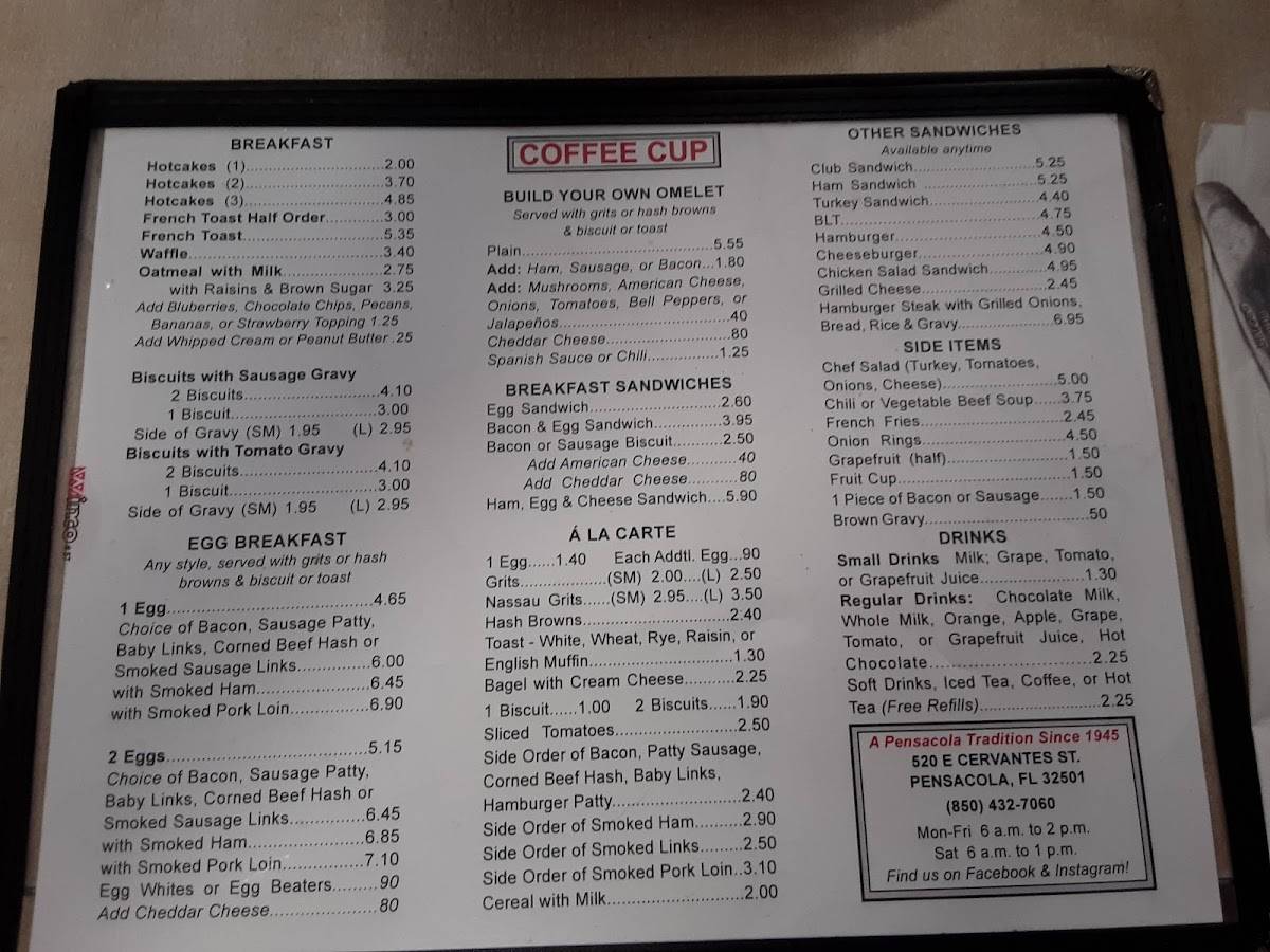 Menu at Coffee Cup Restaurant, Pensacola