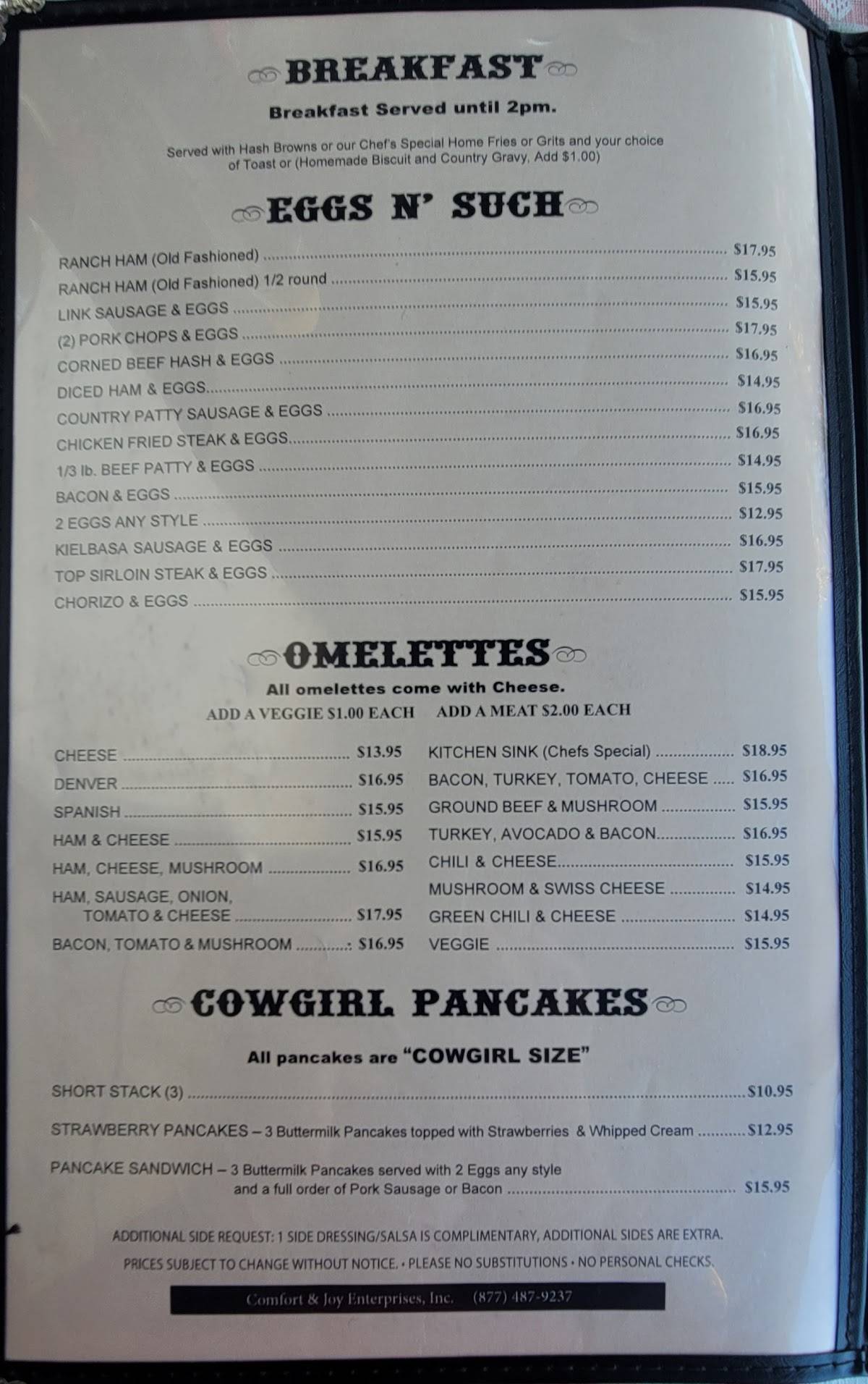 Menu at Cowgirl Cafe, Paso Robles