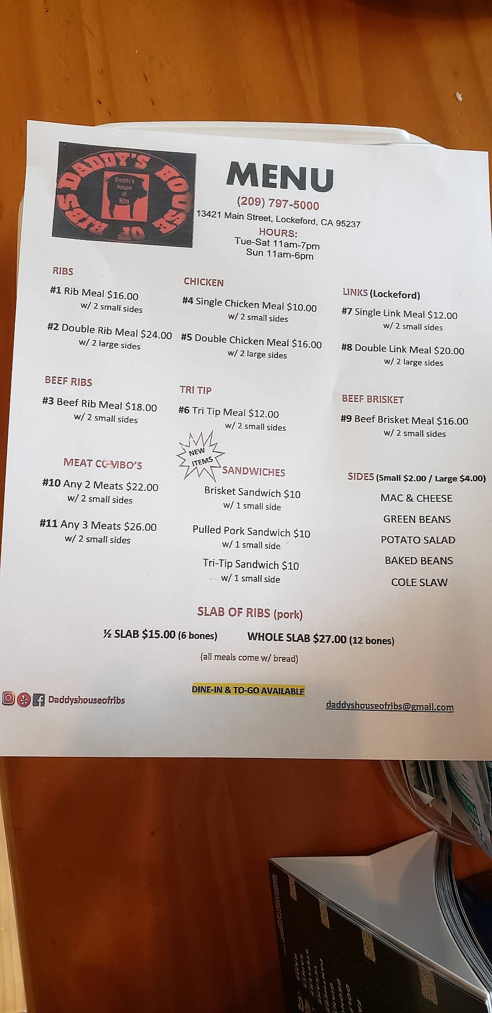 Menu at Daddy's House of Ribs BBQ, Lockeford
