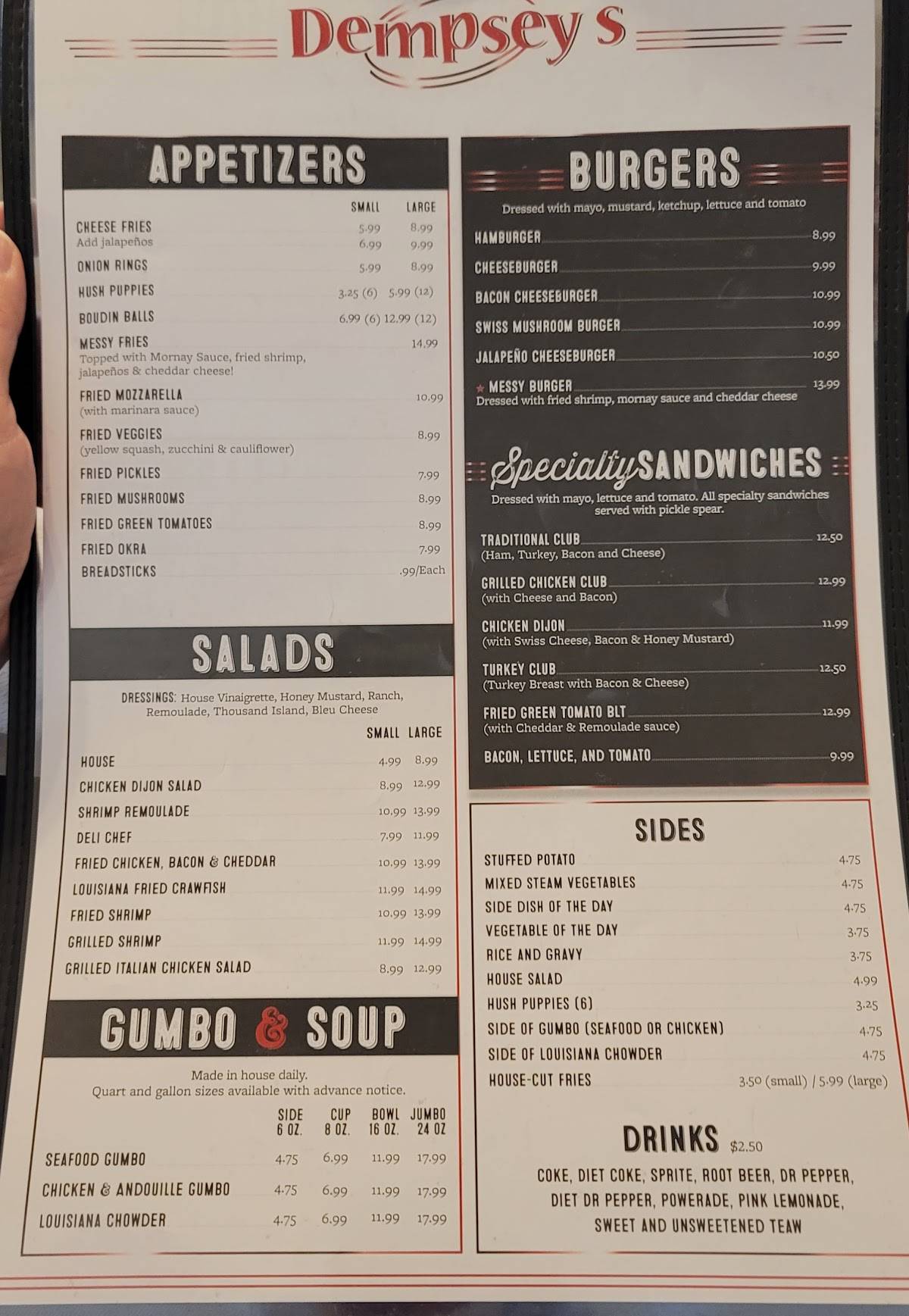 Menu at Dempsey's Poboys restaurant, Baton Rouge, Coursey Blvd