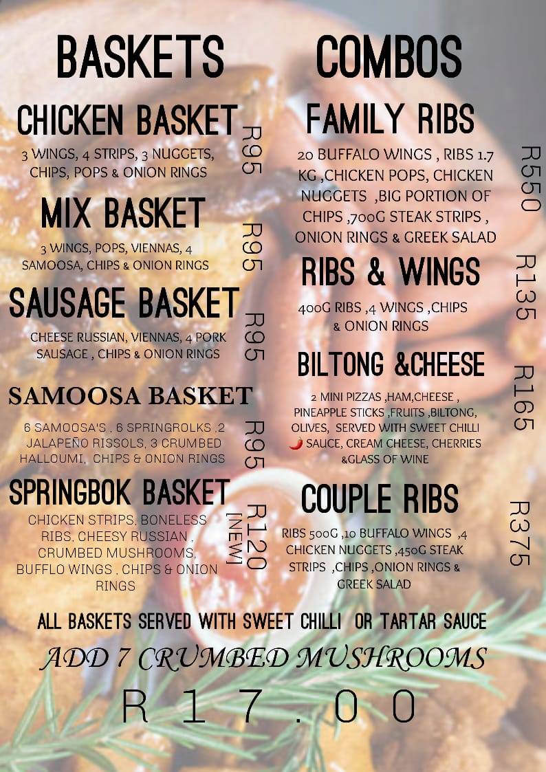 Menu at Die Boom restaurant, Pretoria