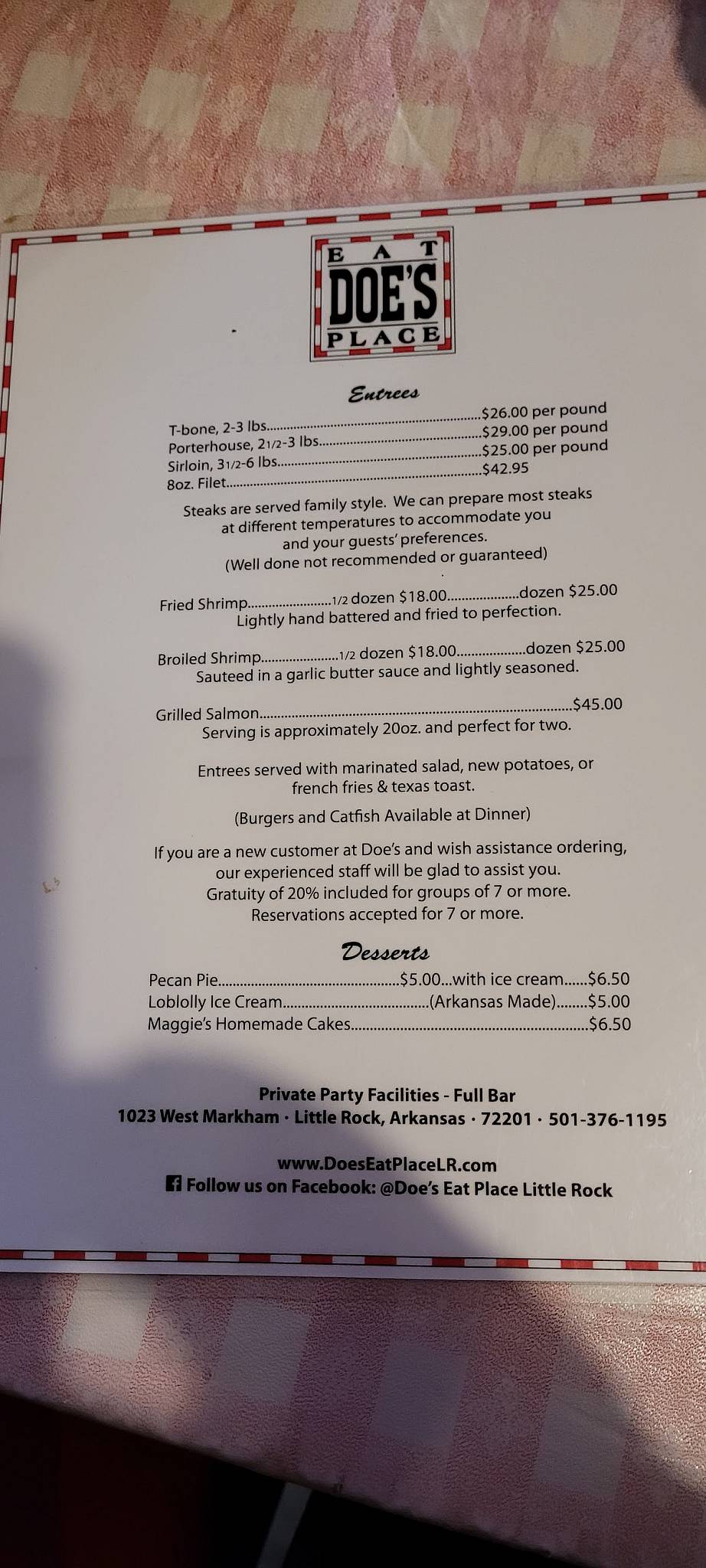 Menu at Doe's Eat Place steakhouse, Little Rock
