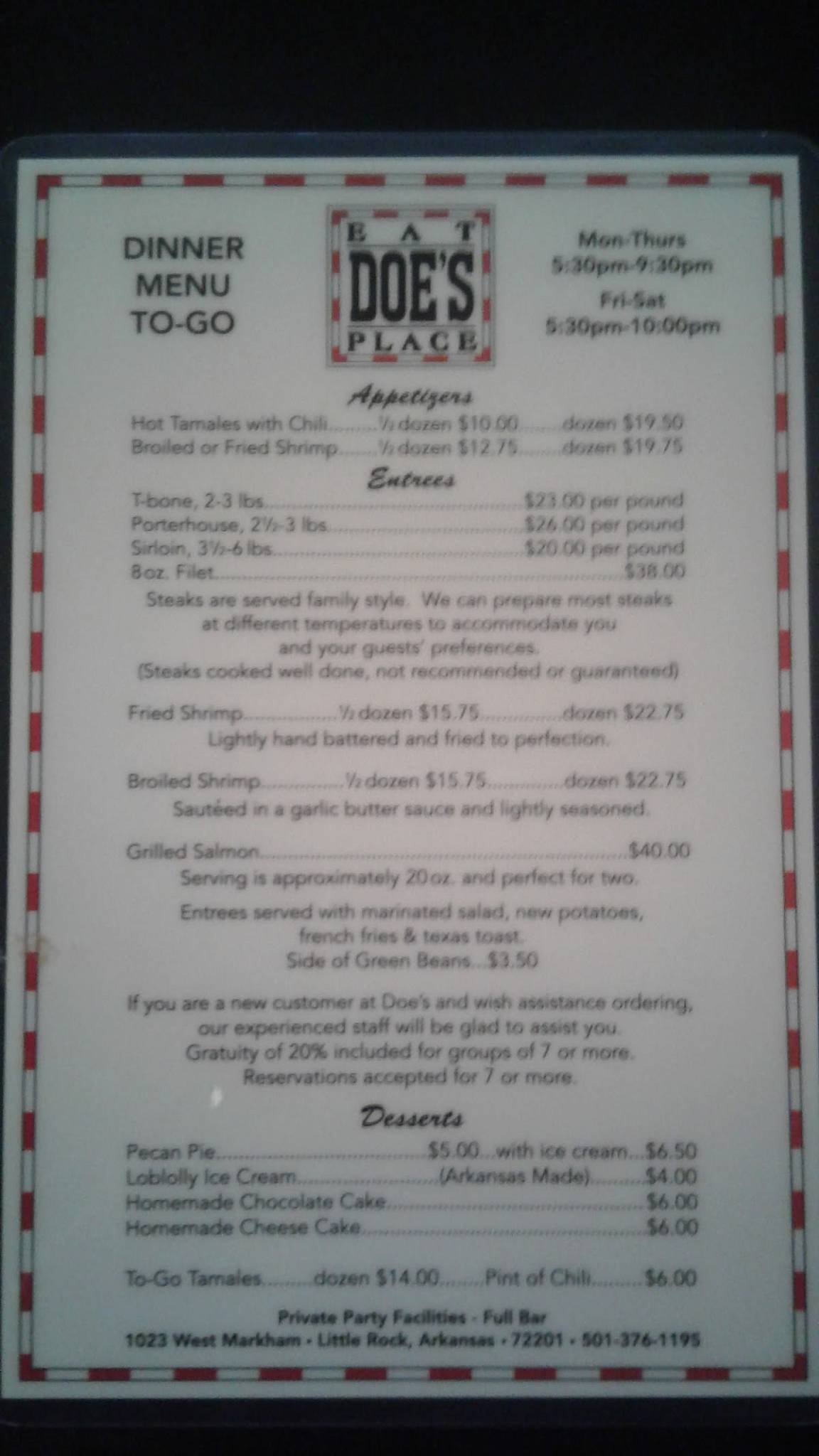Menu at Doe's Eat Place steakhouse, Little Rock