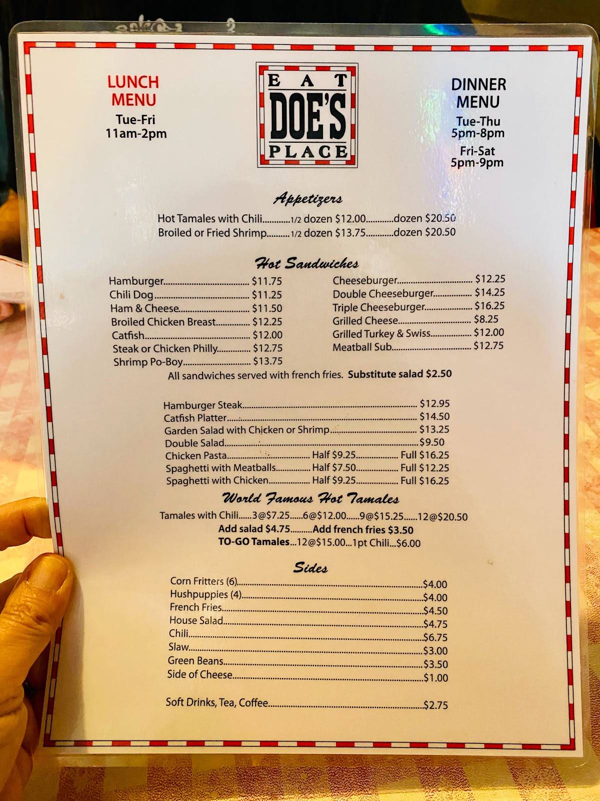 Menu at Doe's Eat Place steakhouse, Little Rock