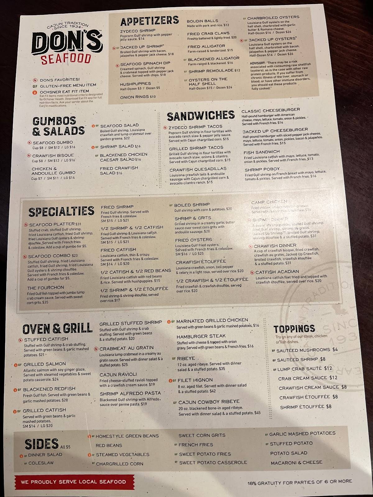Menu at Dons Seafood Denham Springs restaurant, Denham Springs, 136 Rushing Rd E