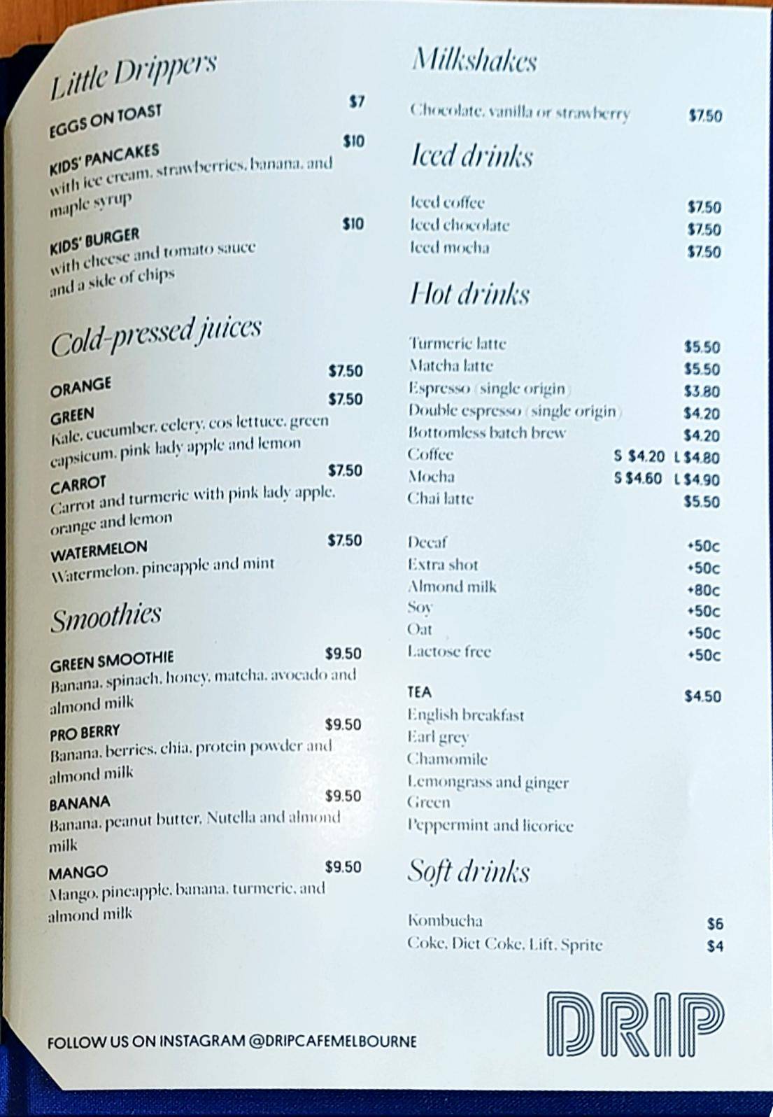 Menu at Drip Cafe, Cheltenham