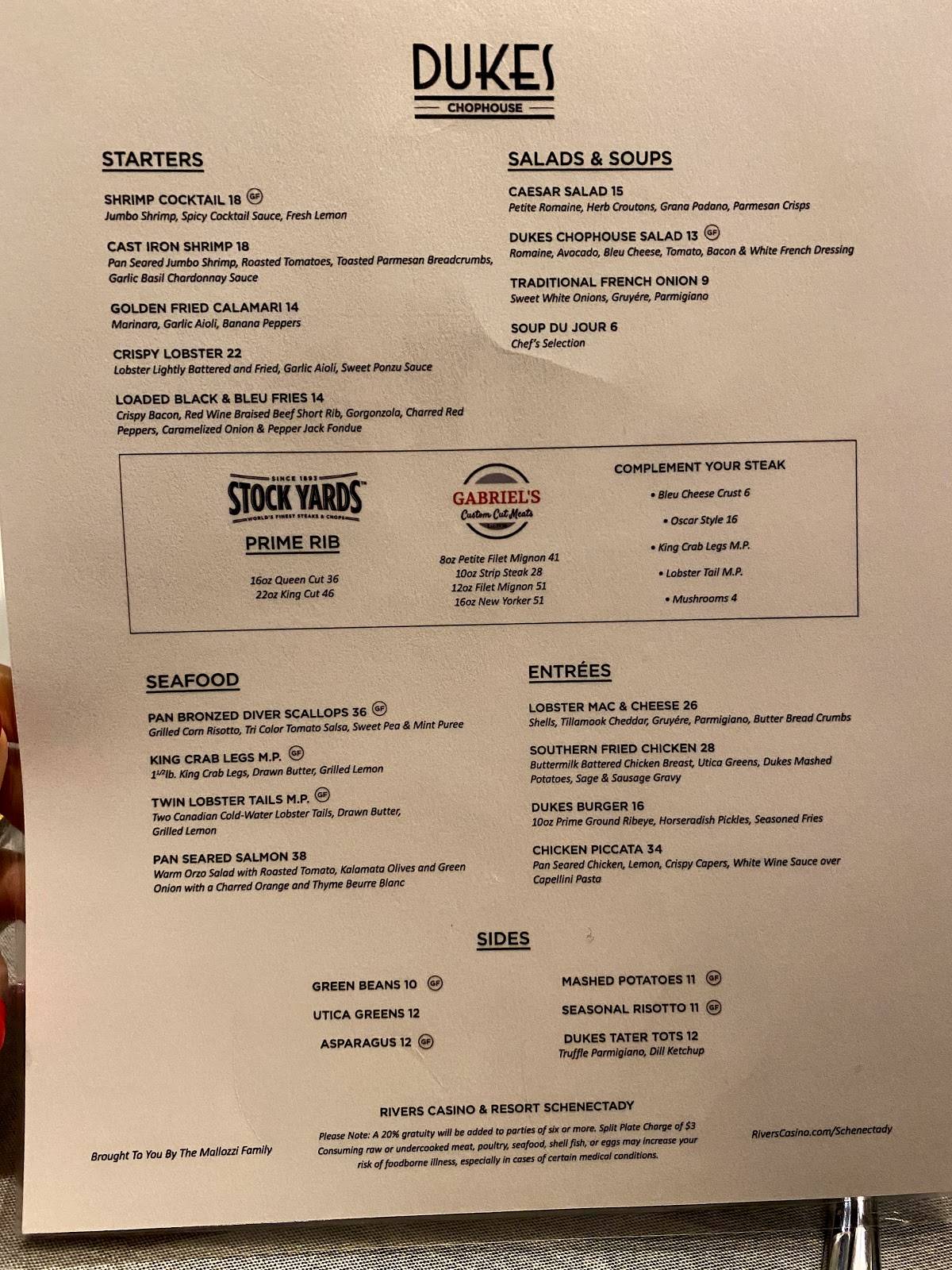 Menu at Dukes Chophouse steakhouse, Schenectady