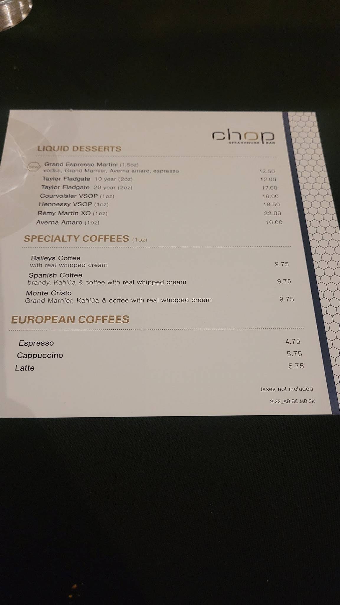 Menu at Chop Steakhouse & Bar, Edmonton, Ellerslie Rd SW
