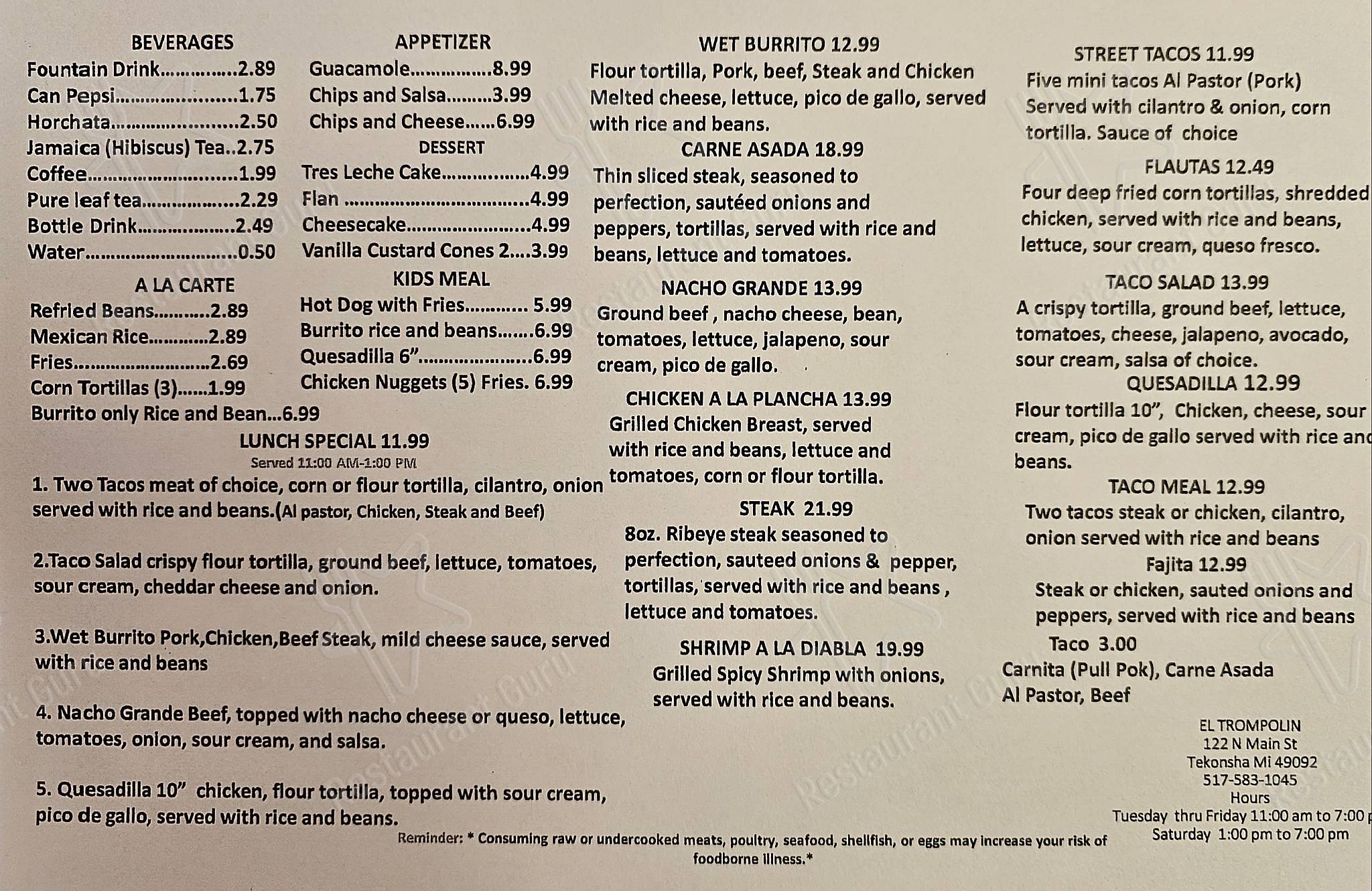 Carta del restaurante El Trompolin Cuisine, Tekonsha