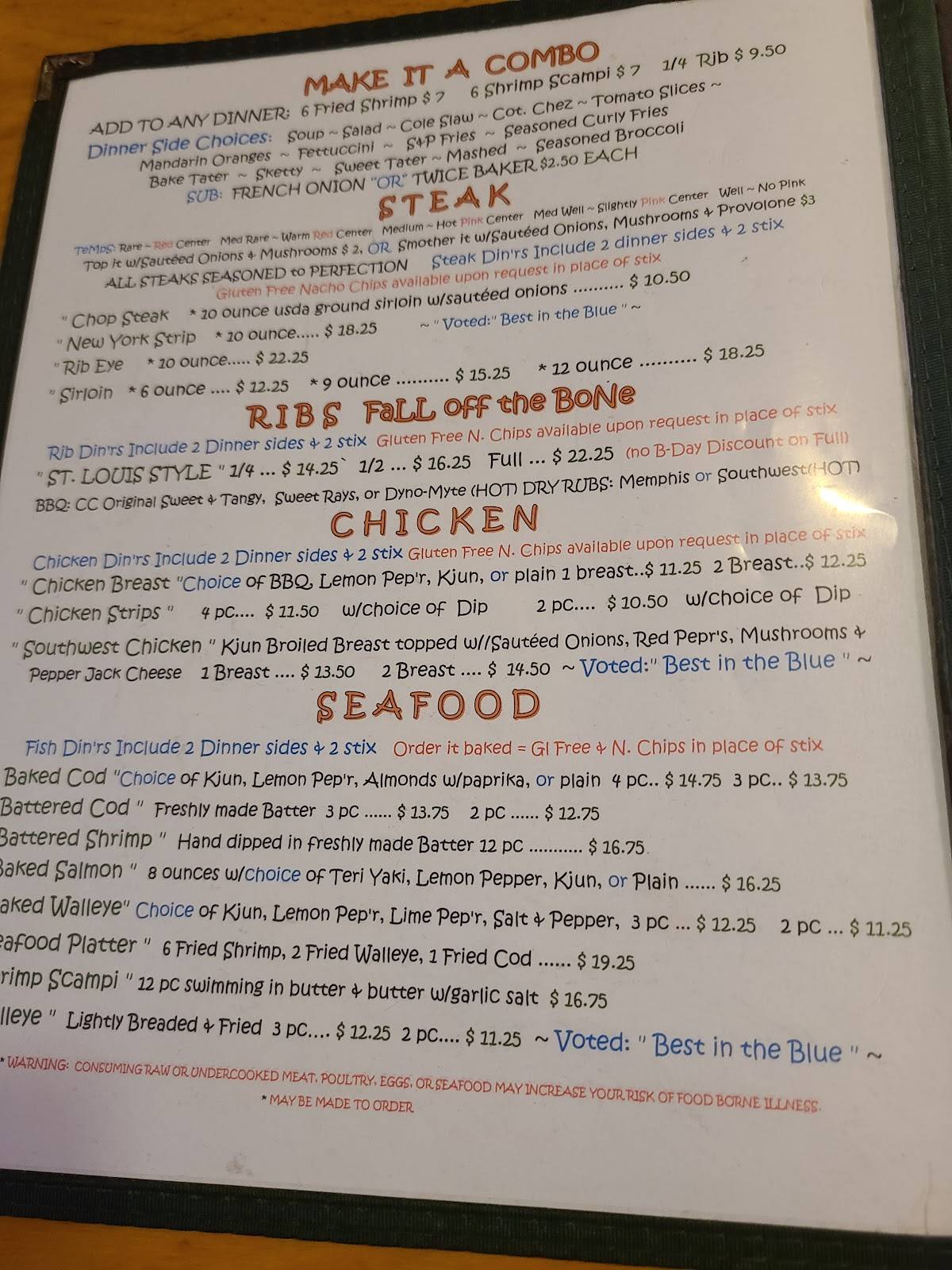 Menu at Cheap Charlie's steakhouse, Fort Gratiot Township