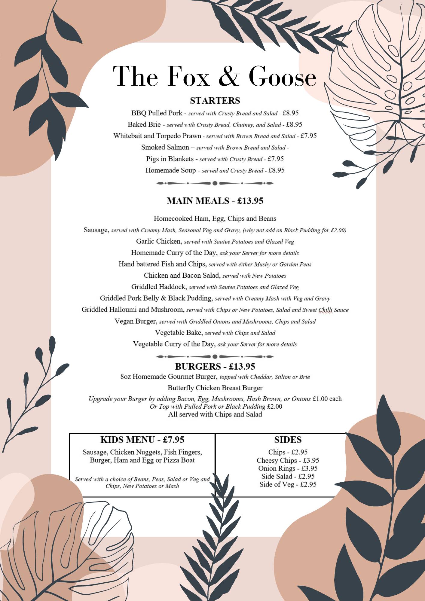Menu at Fox & Goose pub & bar, Greywell, The St