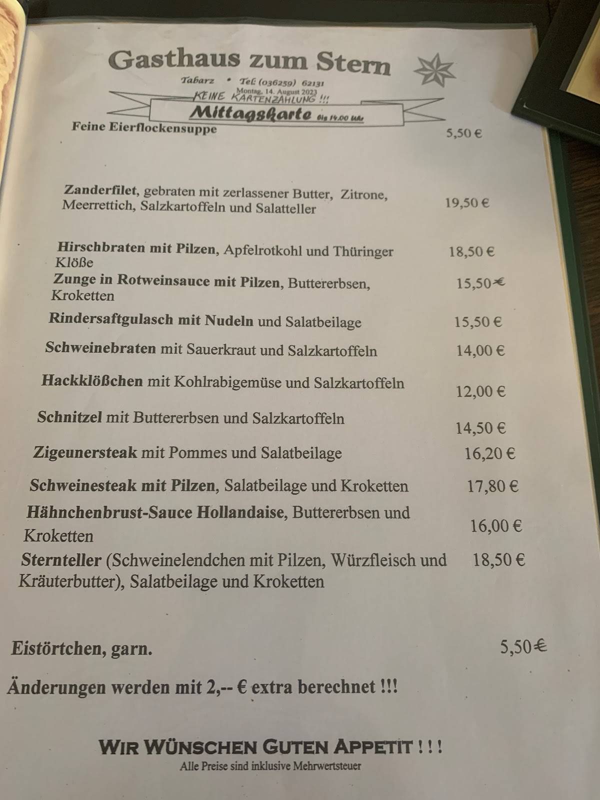 Speisekarte von Gaststätte Zum Stern restaurant, Tabarz/Thüringer Wald