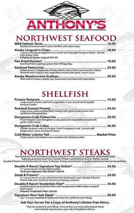 Menu at Anthony's at Gig Harbor restaurant, Gig Harbor