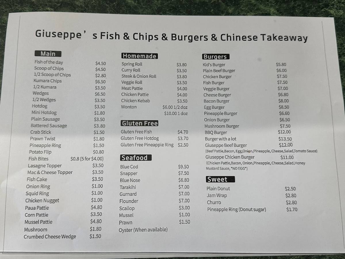 Menu at Giuseppes Fish & Chips & Burgers restaurant, Nelson