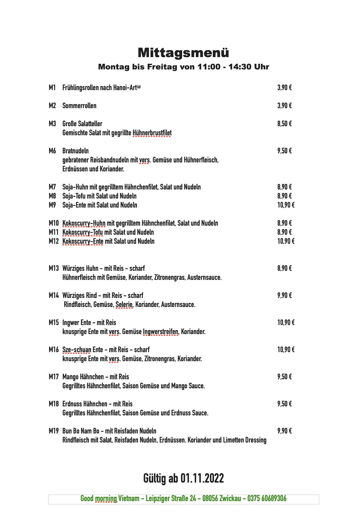 Good Morning Vietnam Zwickau Menu