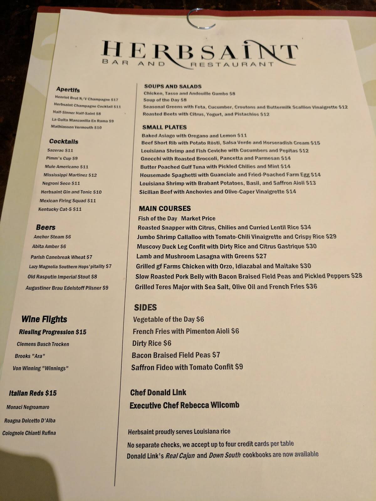 Menu at Herbsaint restaurant, New Orleans