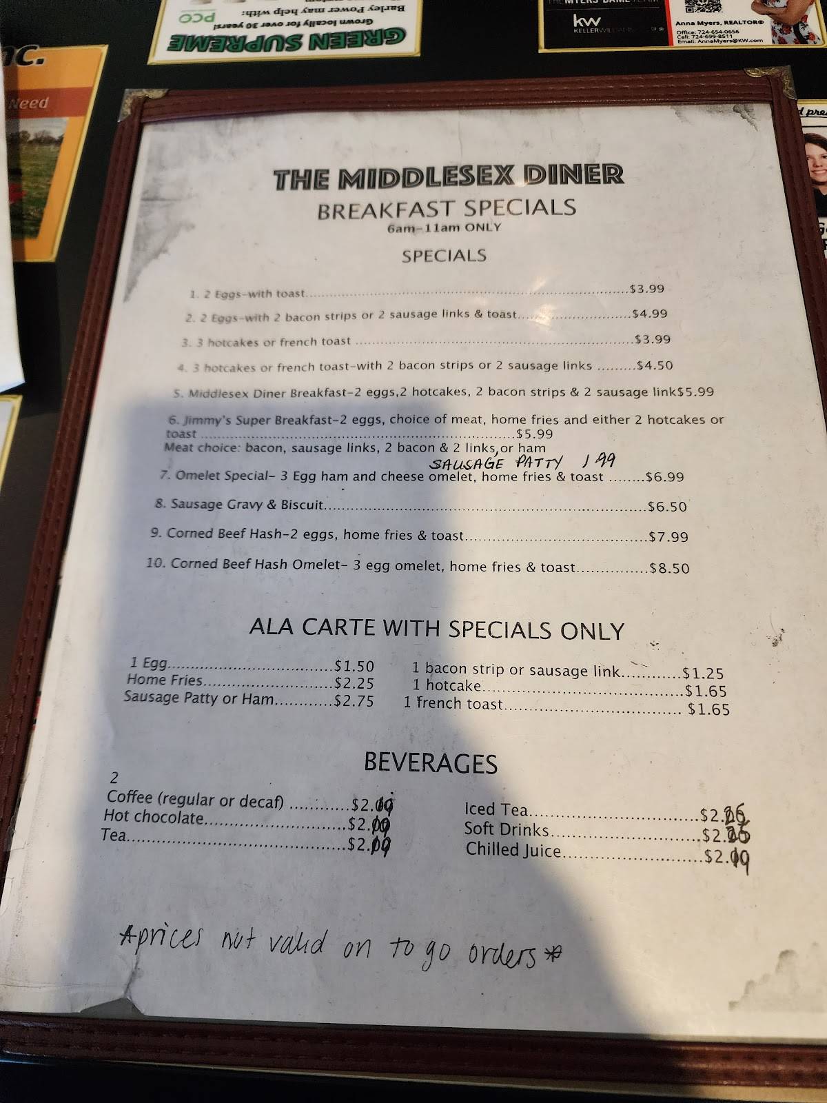 Menu at Middlesex Diner restaurant, West Middlesex