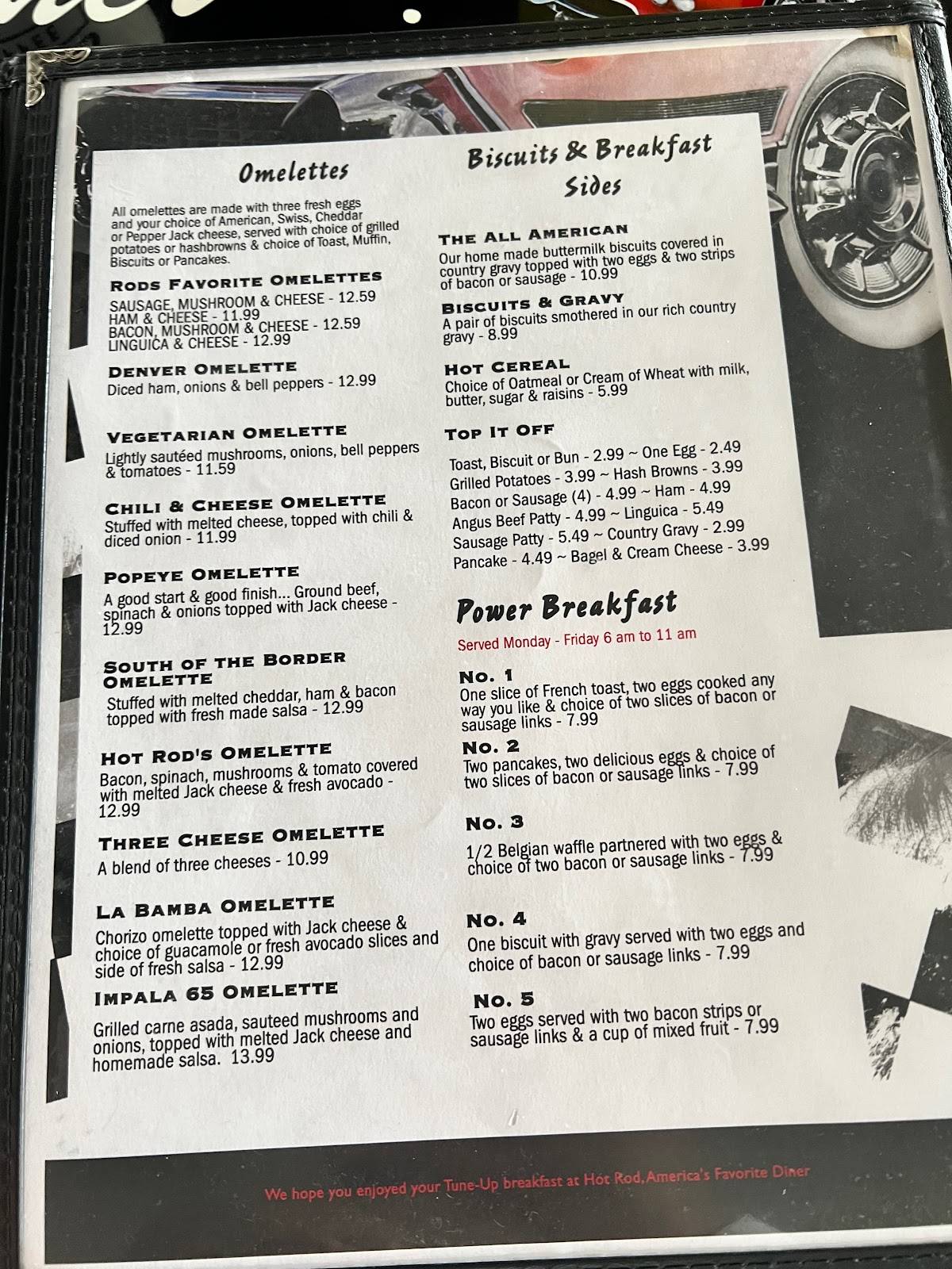Menu at Hot Rod Diner restaurant, Turlock