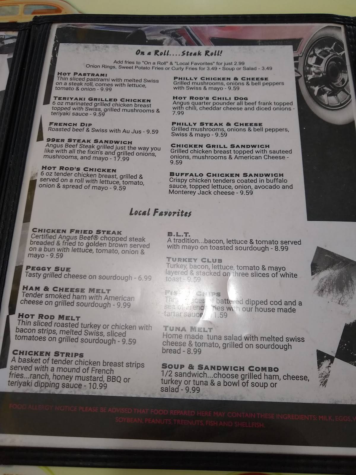 Menu at Hot Rod Diner restaurant, Turlock