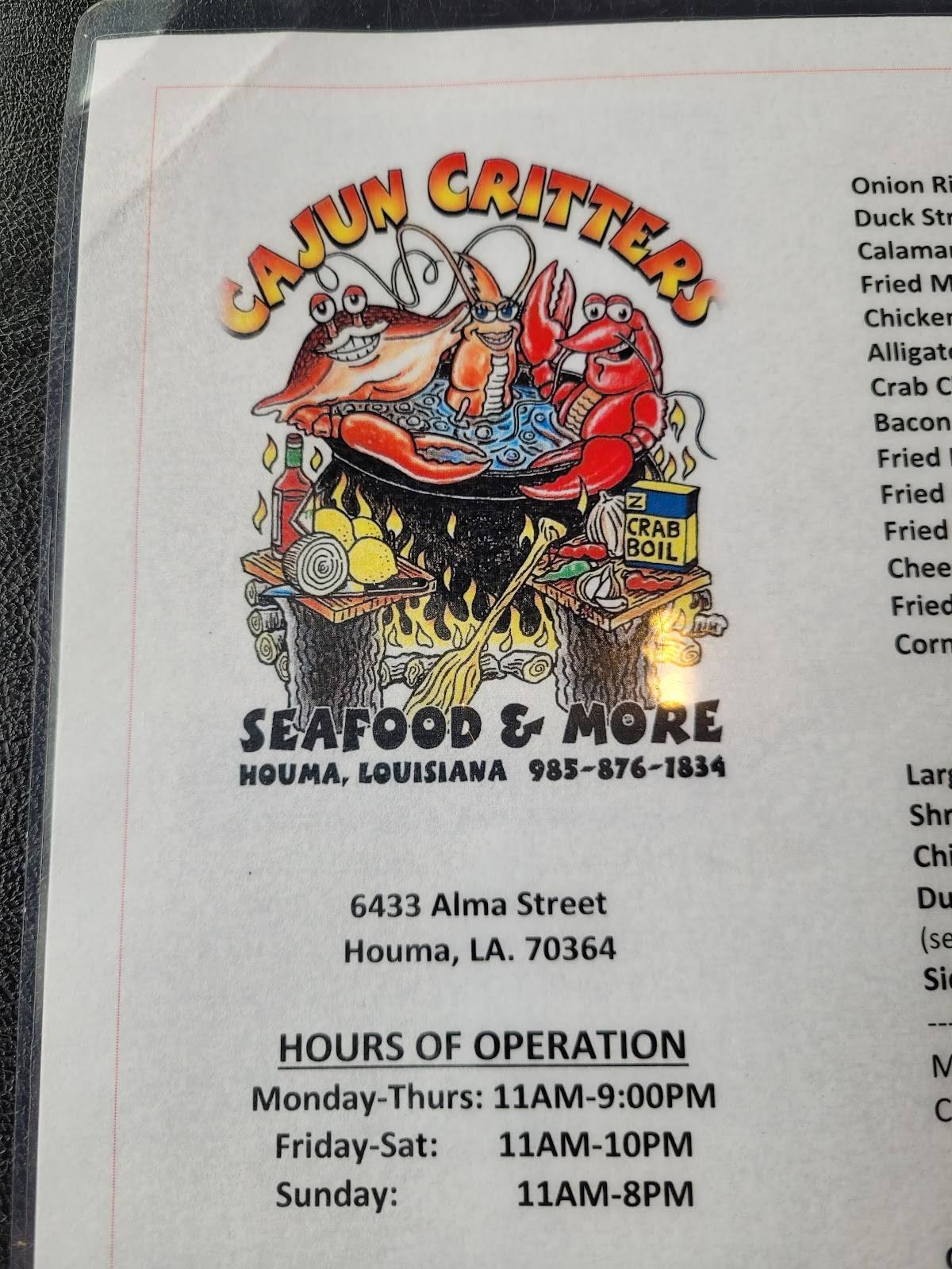 Menu at Cajun Critters restaurant, Houma, Alma St
