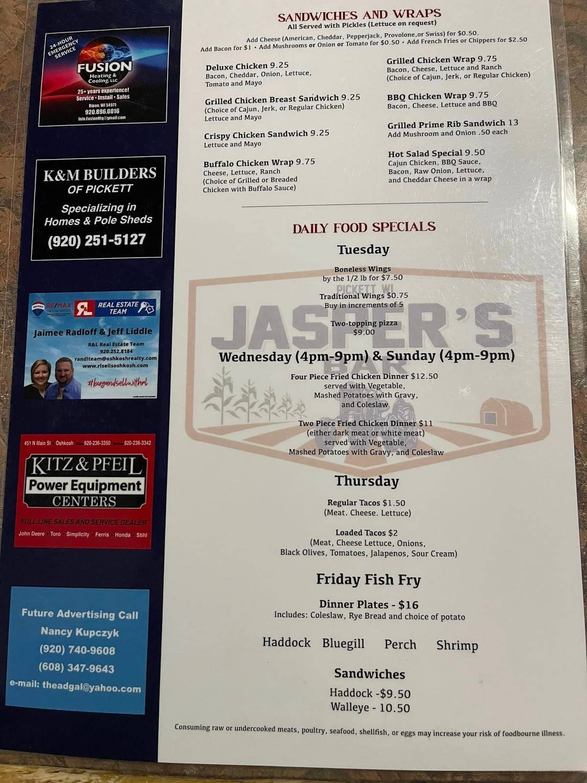 Menu at Jasper's Bar, Pickett