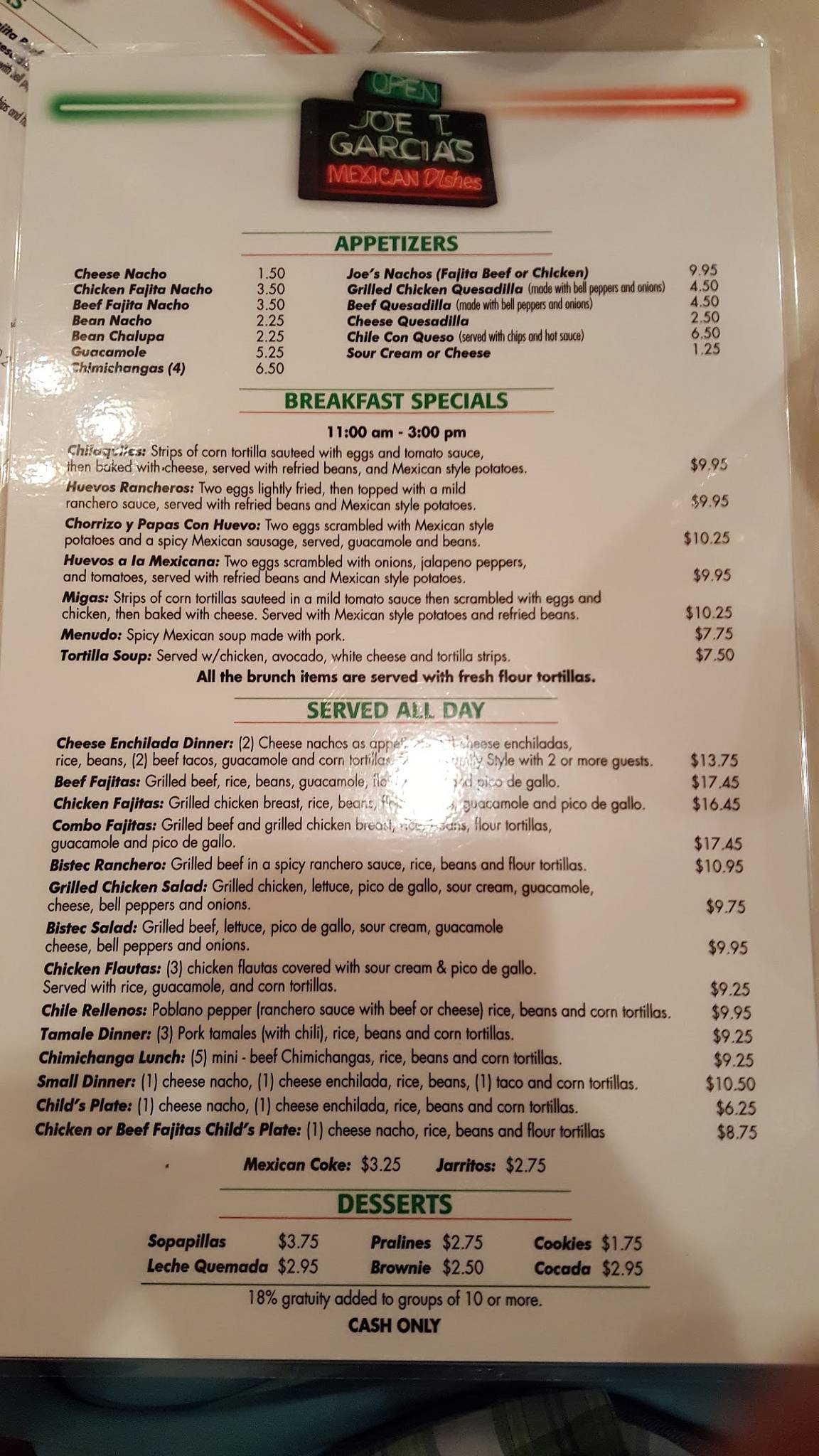 Menu at Joe T. Garcia's restaurant, Fort Worth