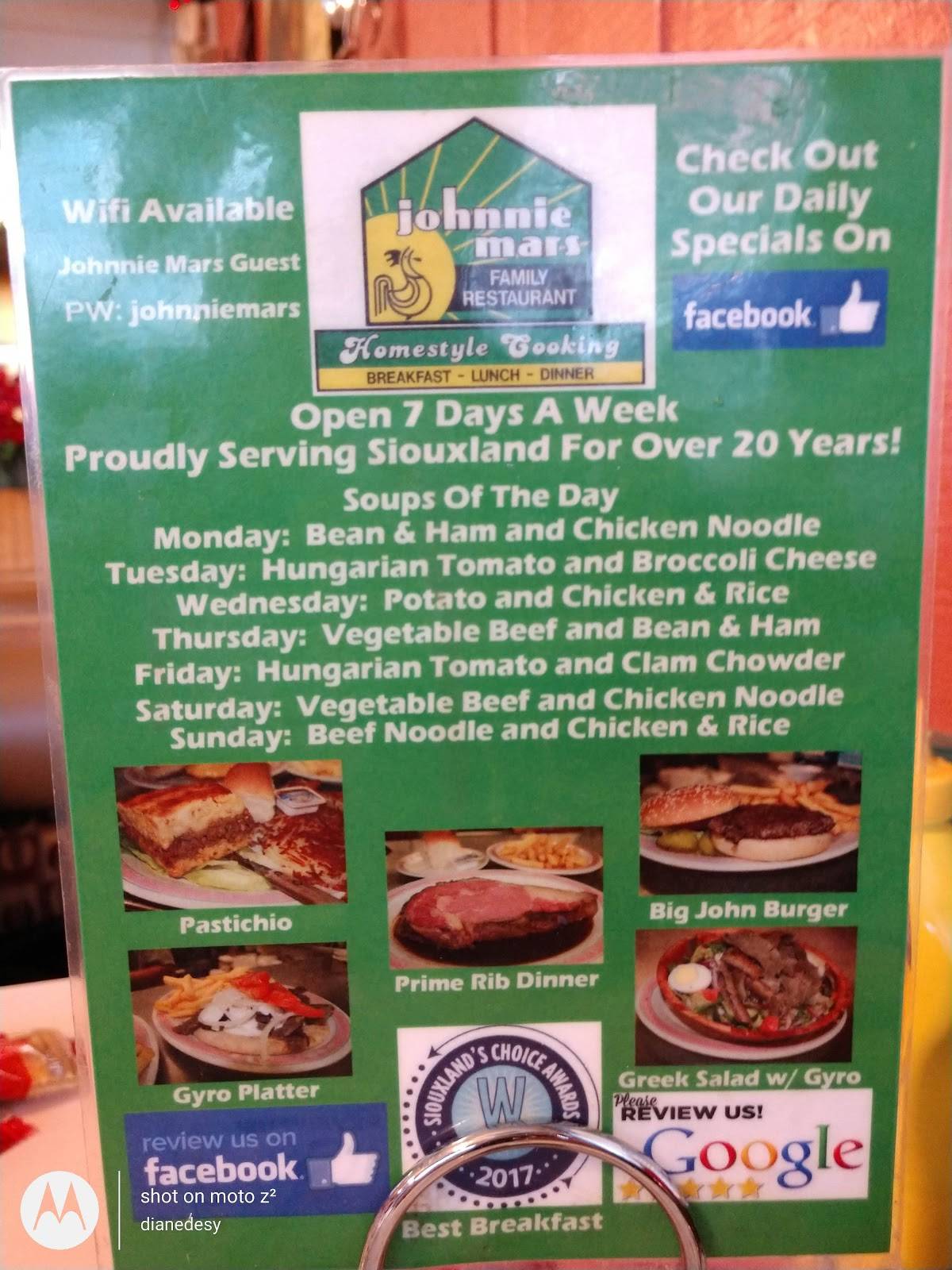 Menu at Johnnie Mars Family Restaurant, Sioux City
