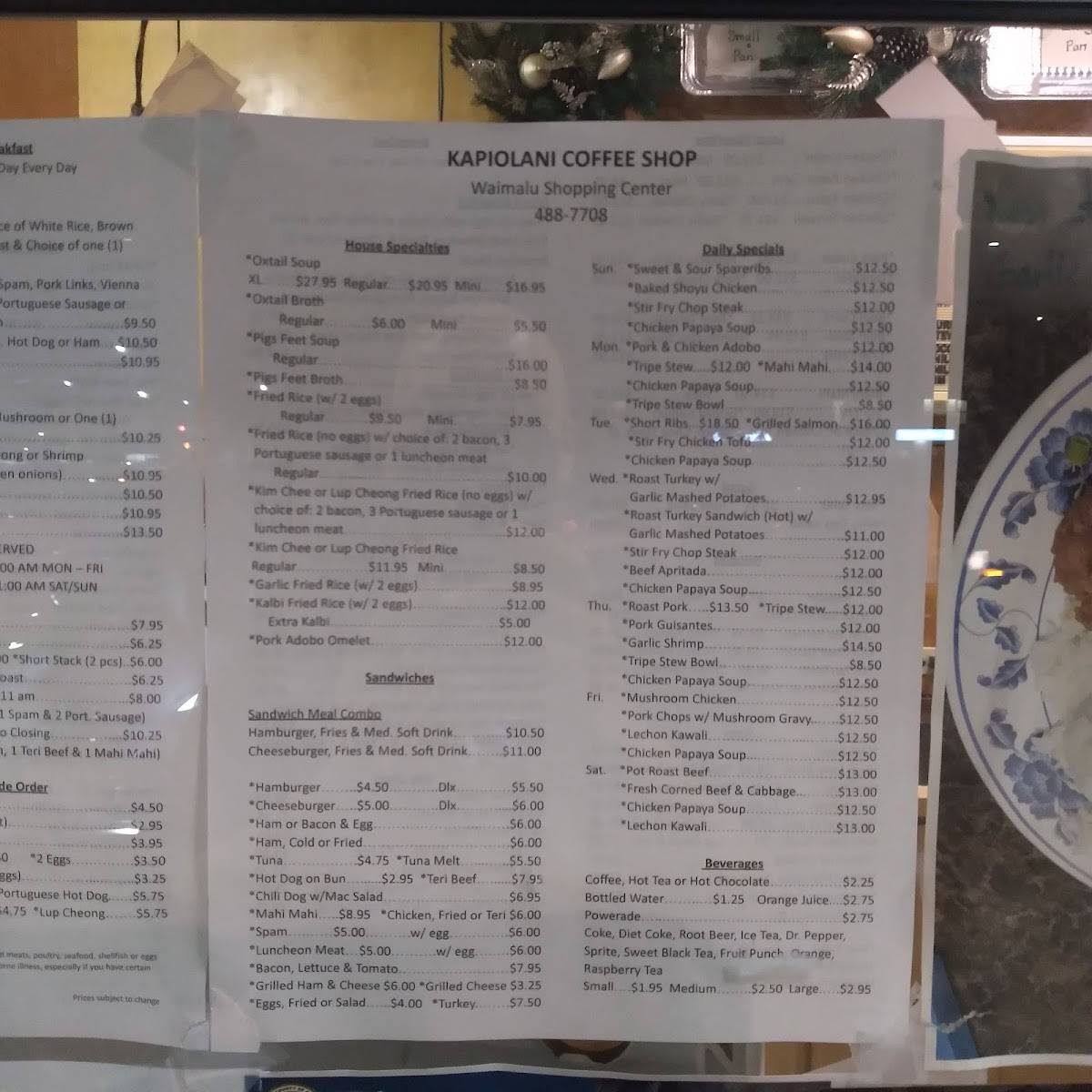 Menu at Kapiolani Coffee ShopWaimalu restaurant, Aiea, 98020