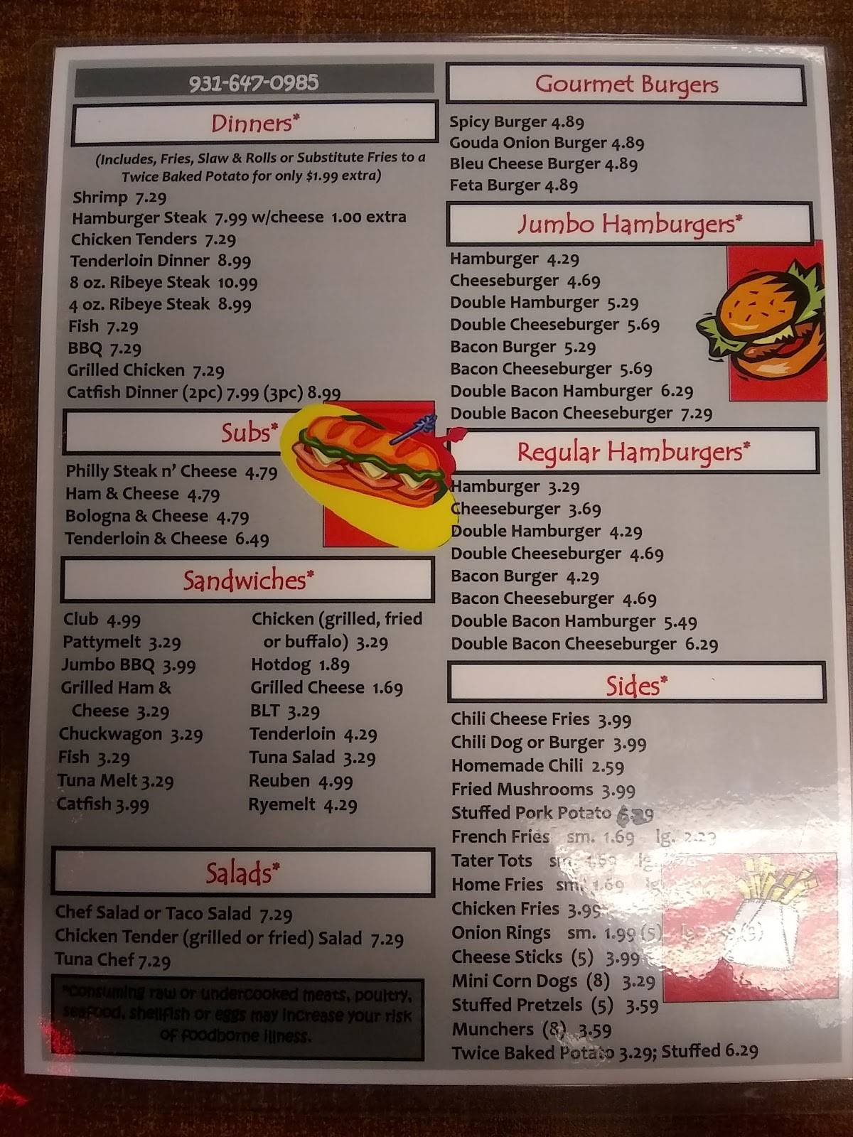 Menu at Kelly's Big Burger restaurant, Clarksville