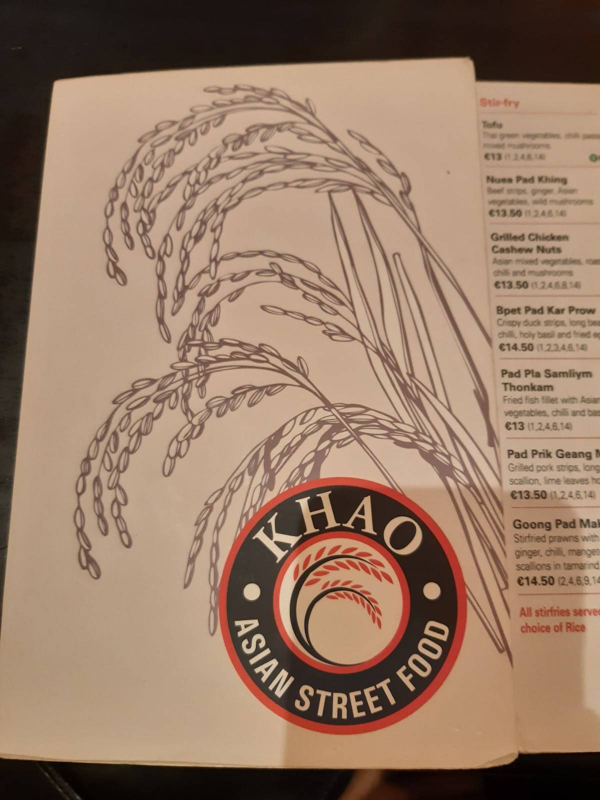 Menu at Khao Asian Street Food restaurant, Killarney