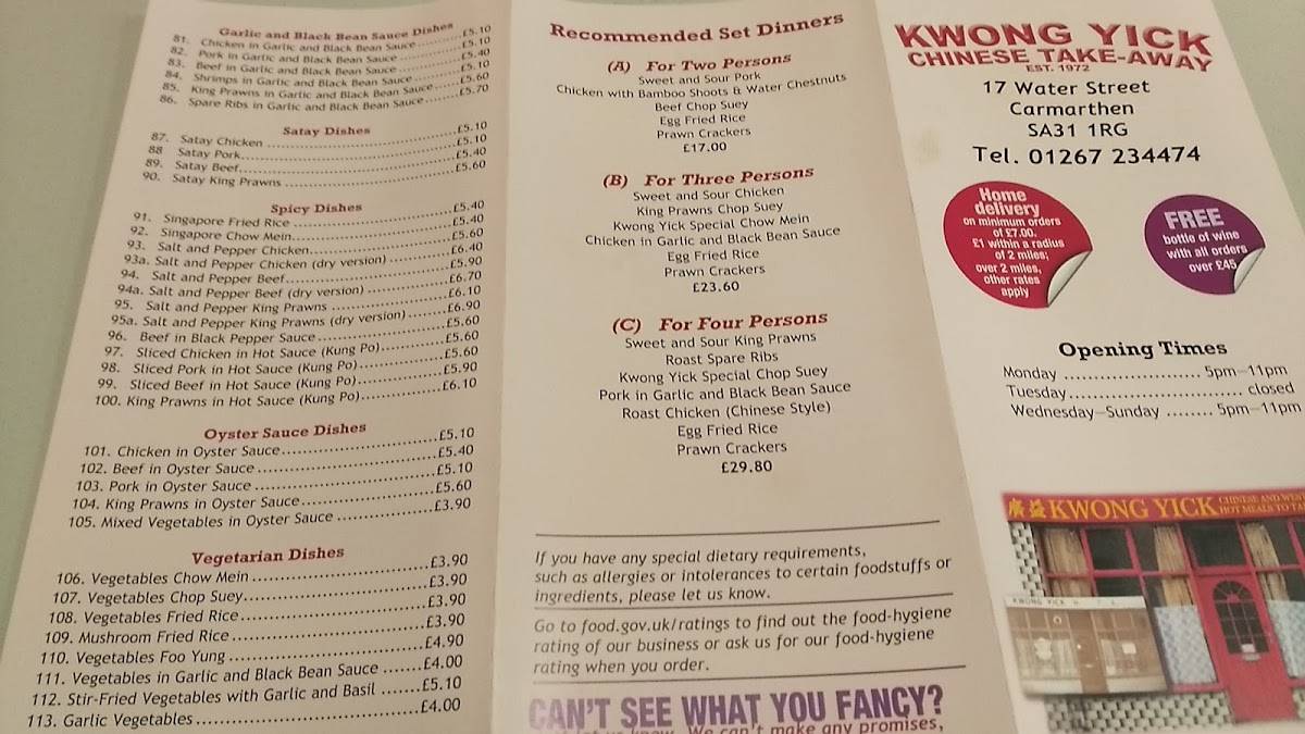 Menu at Kwong Yick restaurant, Carmarthen