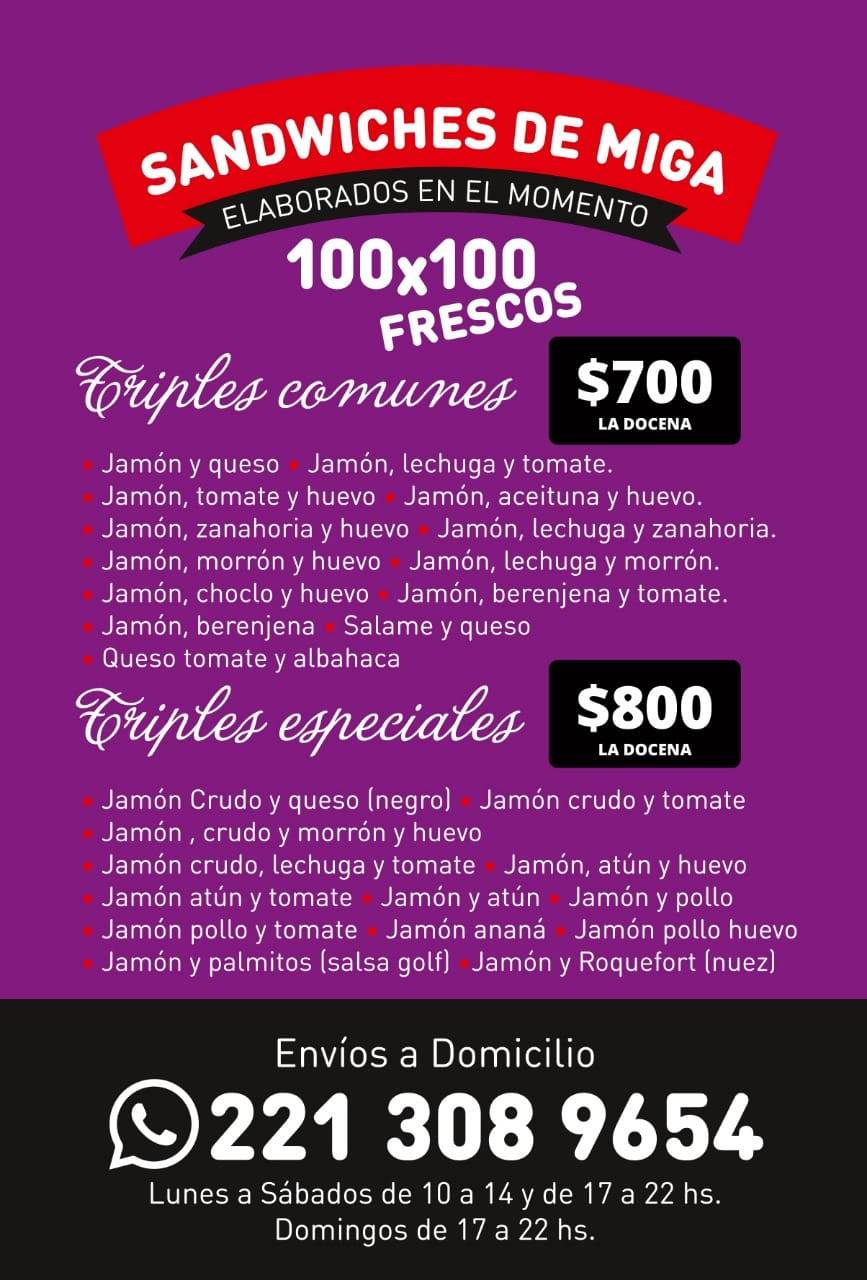 Carta de LA ARTESANAL fábrica de sandwiches de miga, San Carlos