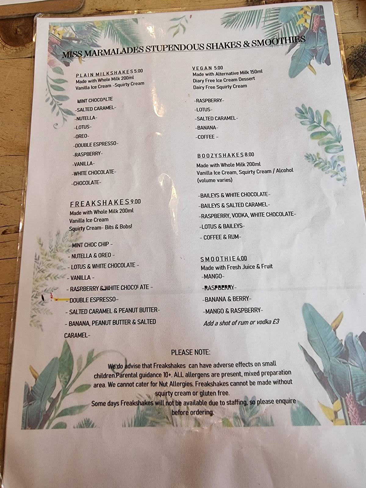 Menu at Lady Marmalades cafe, Nantwich