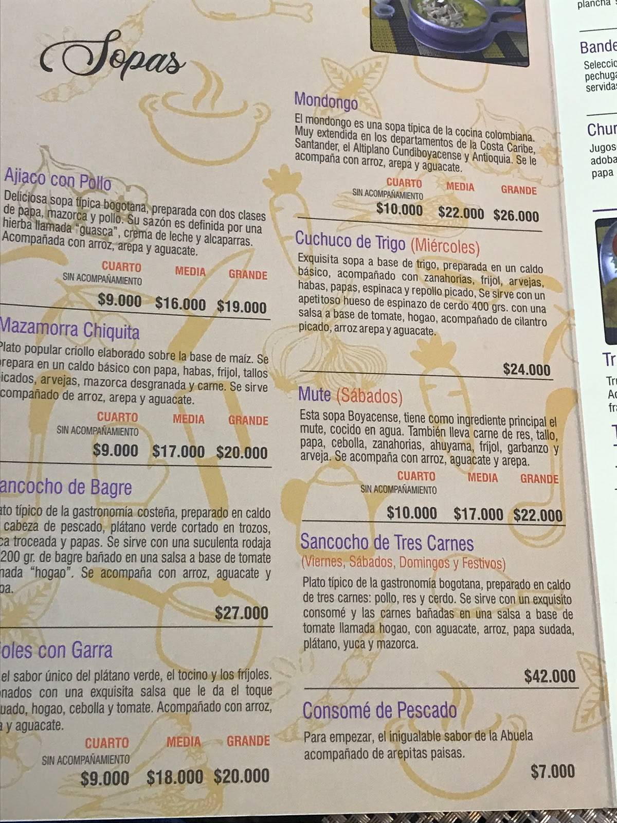 Carta del restaurante Las Cazuelas del la Abuela Bogotá Cl 59 9 16