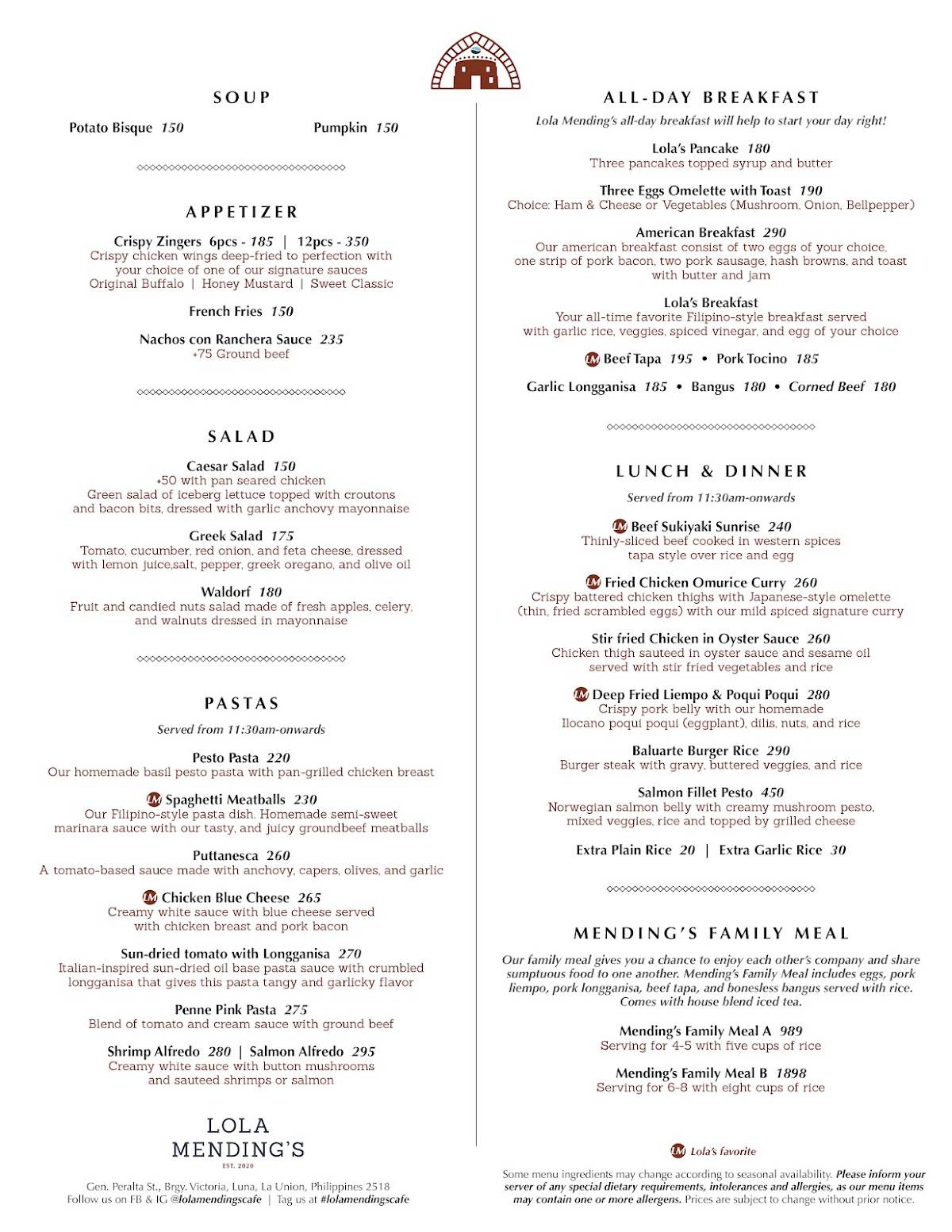 Menu at Lola Mending’s Cafe, Luna