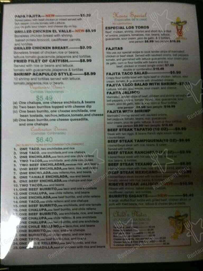 Los Toros menu