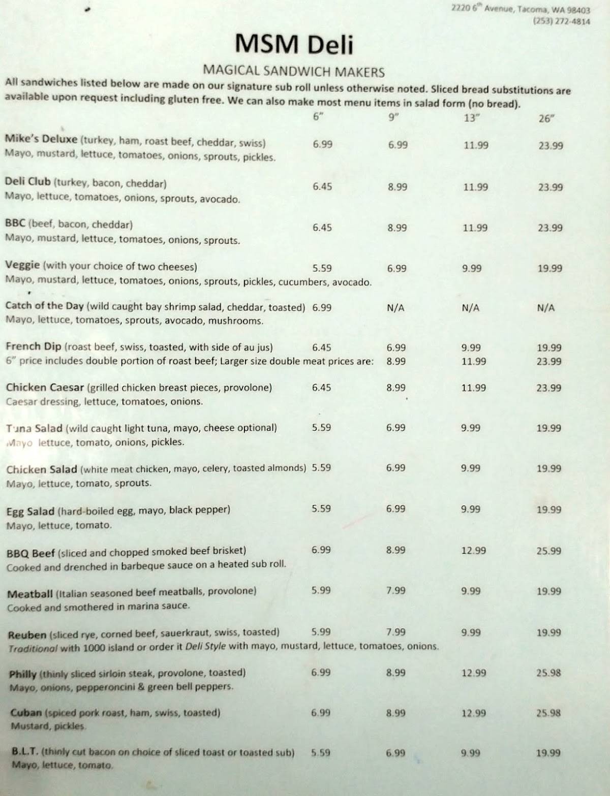 Menu at MSM Deli restaurant,