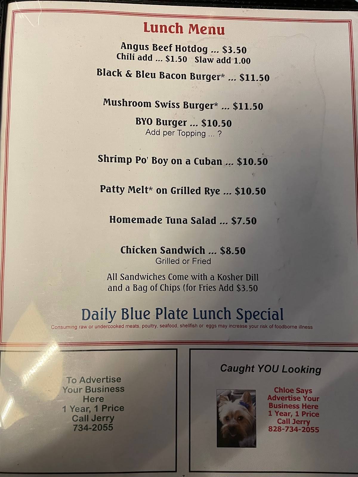 Menu at Pop's Biscuits, Burgers restaurant, Maggie Valley