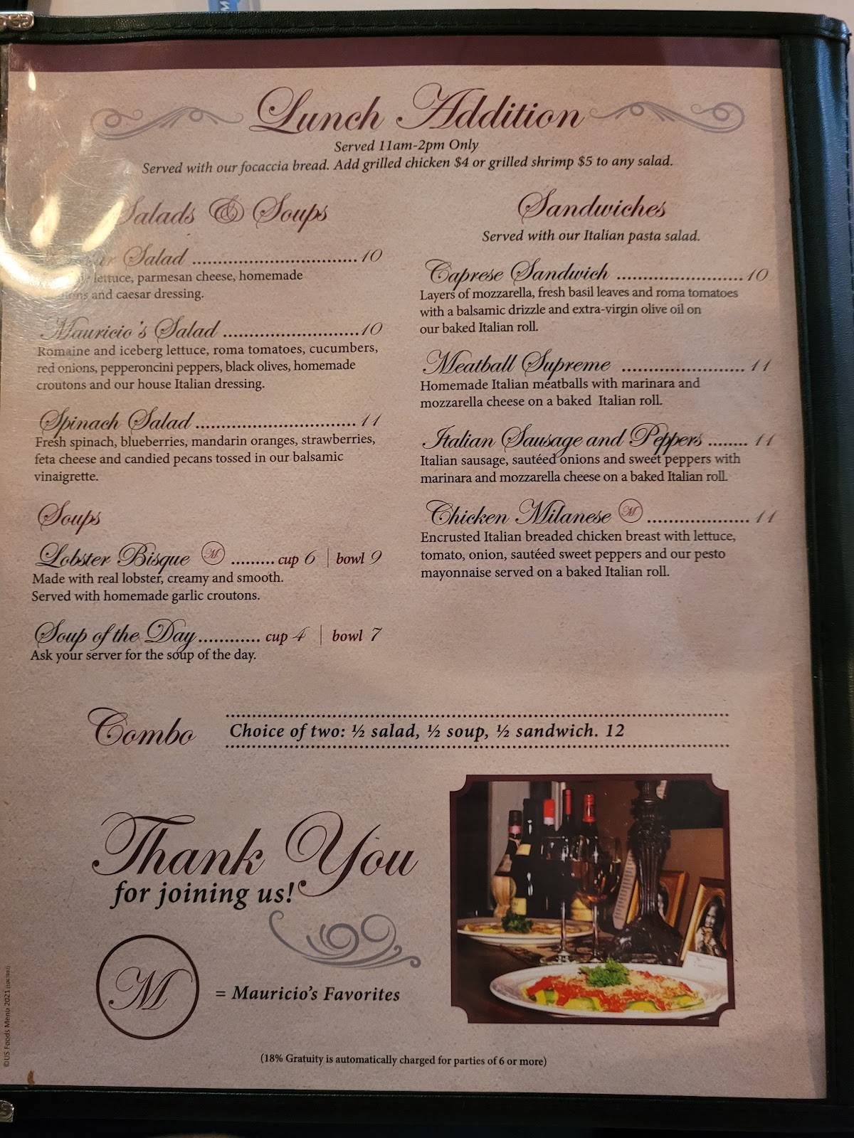Menu at Mauricio's Italian Restaurant, Cookeville