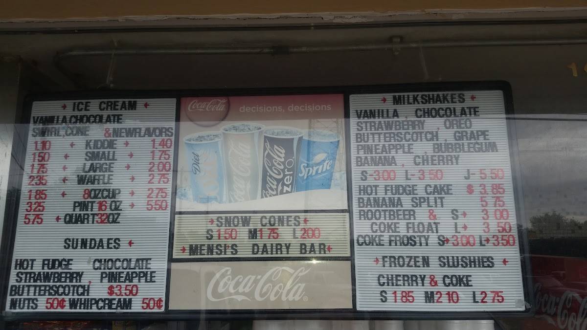 Menu at Mensi's Dairy Bar, Collierville