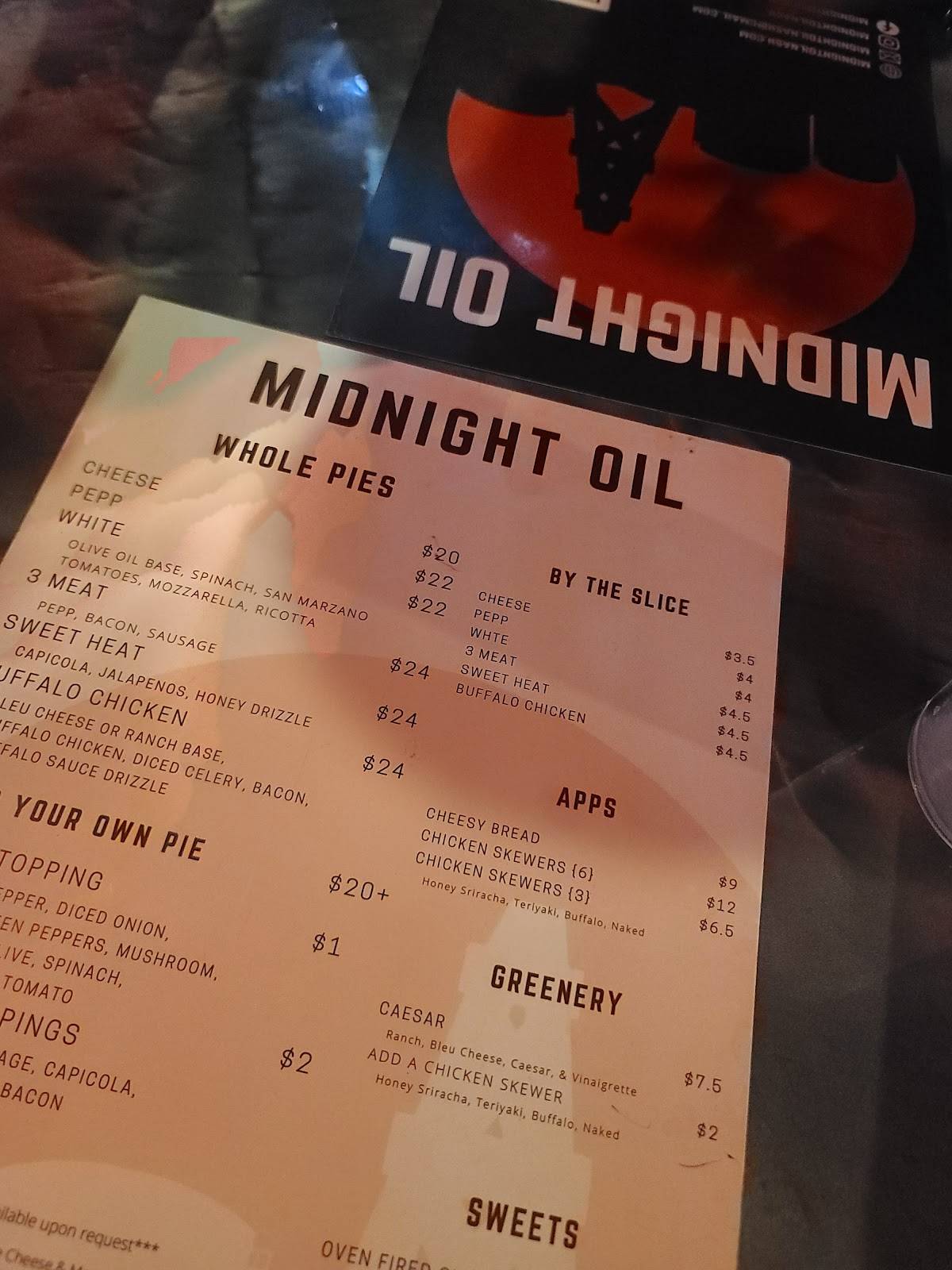Menu at Midnight Oil pizzeria, Nashville