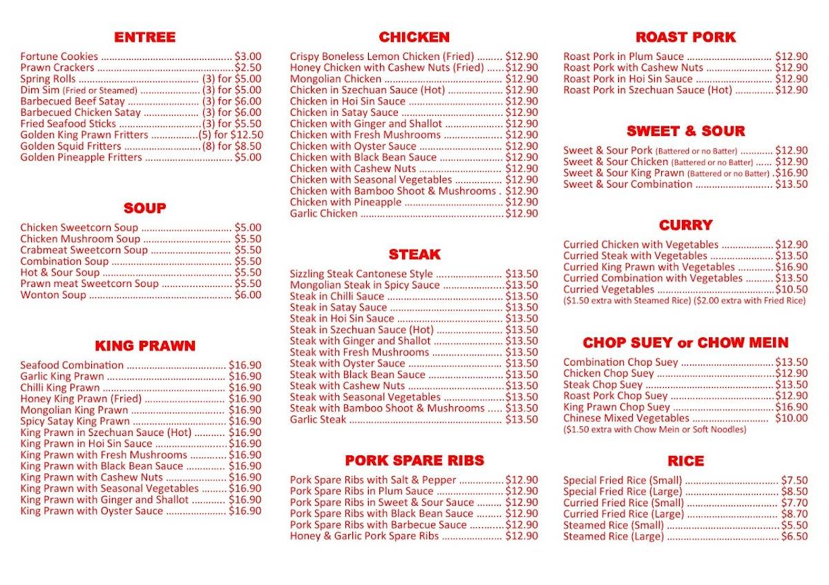 Menu at Moon Chinese Takeaway restaurant, Kidman Park
