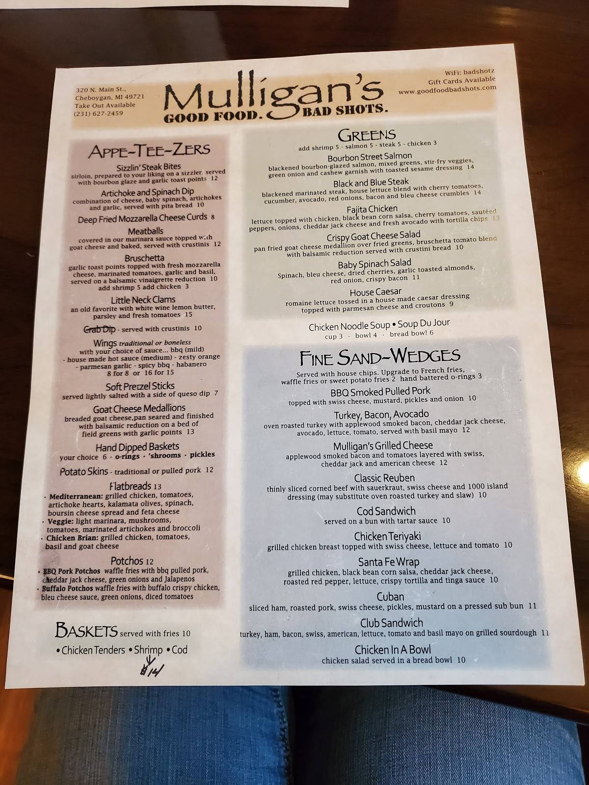 Menu at Mulligan's Restaurant, Cheboygan