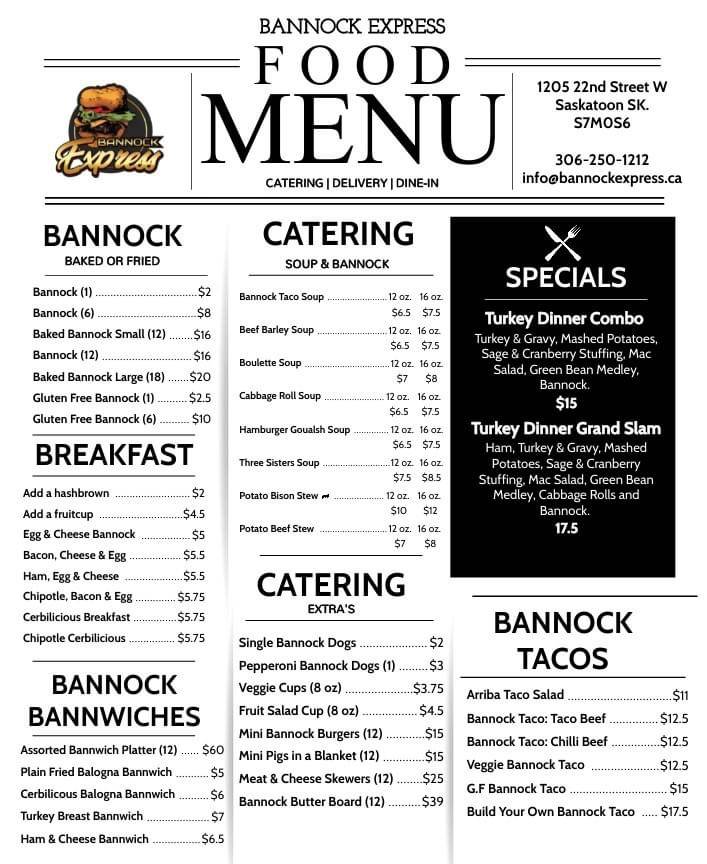 Menu at Bannock Express restaurant, Saskatoon