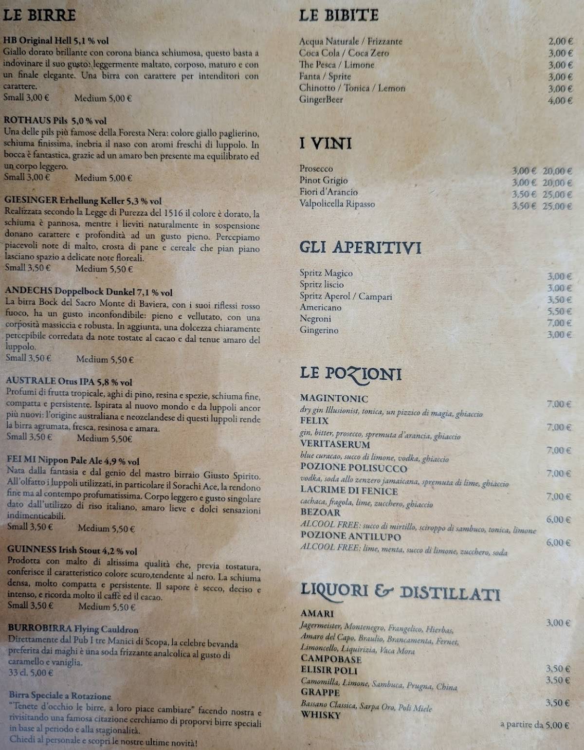 Menu da Nimbus Pub, Vicenza