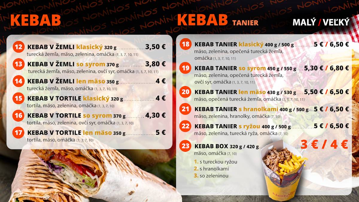 Carta del restaurante Nominos Pizza & Kebab, Zlaté Moravce