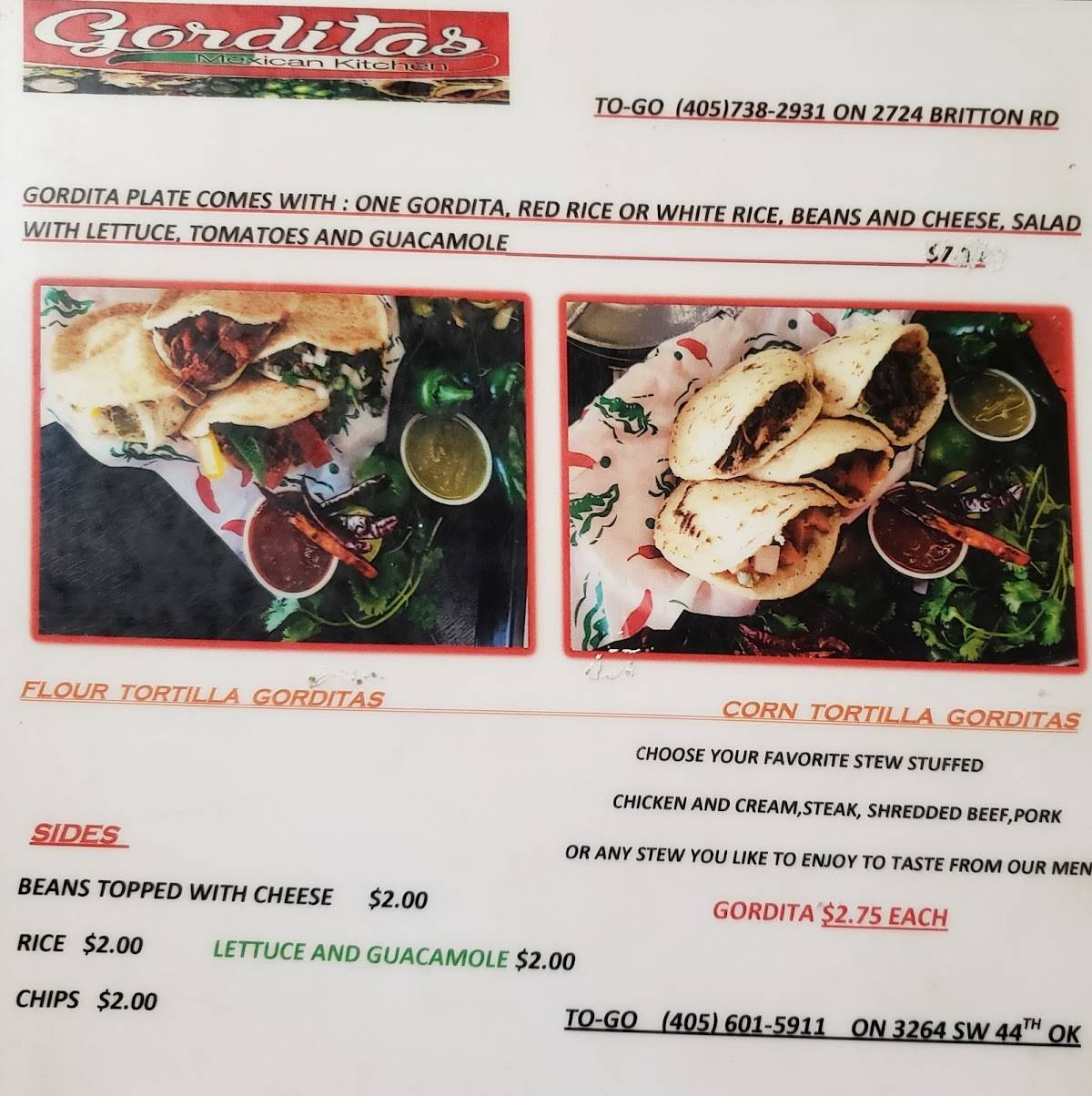 Menu At Gorditas Mexican Kitchen Restaurant Oklahoma City Sw 44th St 